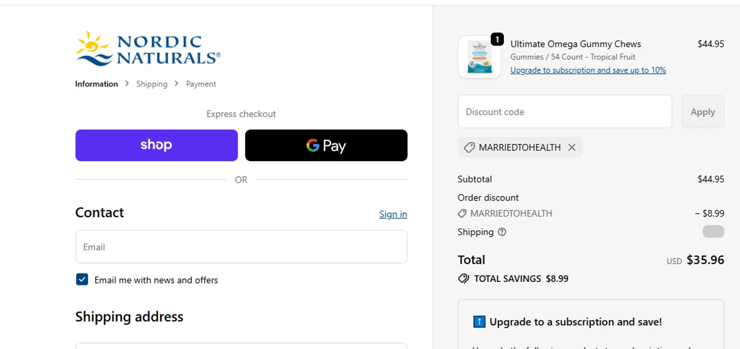 Nordic promo code screenshot showing code MarriedtoHealth applied at Nordic checkout page. Uploaded by SimplyCodes community member yeresojperez on Dec 15, 2025