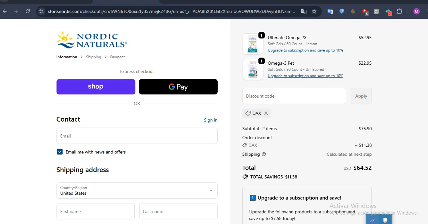Nordic promo code screenshot showing code DAX applied at Nordic checkout page. Uploaded by SimplyCodes community member SmartFalcon9323 on Dec 15, 2025