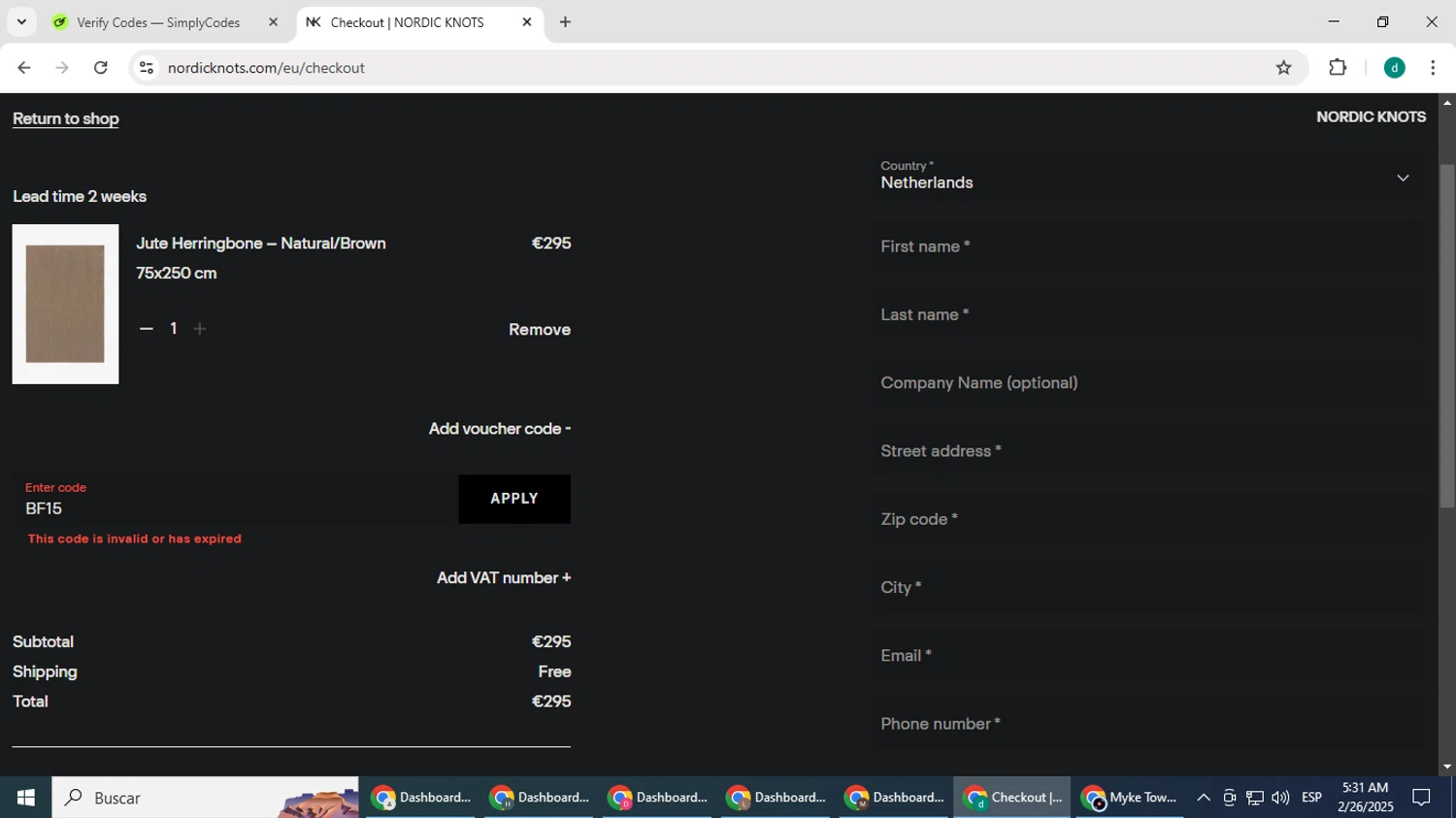 Nordic Knots discount code screenshot showing code BF15 applied at Nordic Knots checkout page. Uploaded by SimplyCodes community member HEROESCUDA on Feb 26, 2025