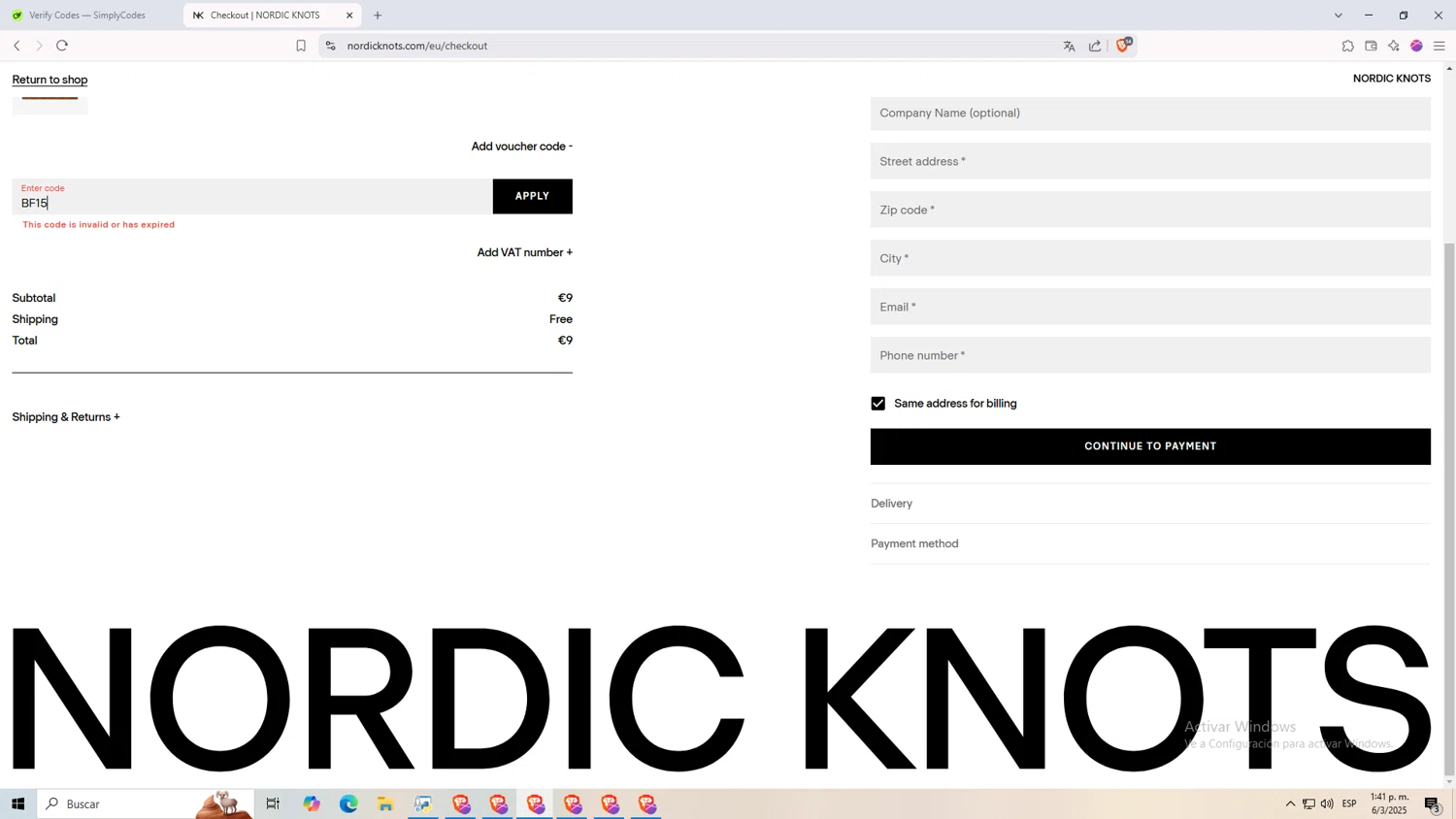 Nordic Knots discount code screenshot showing code BF15 applied at Nordic Knots checkout page. Uploaded by SimplyCodes community member 1p1p1p on Mar 6, 2025