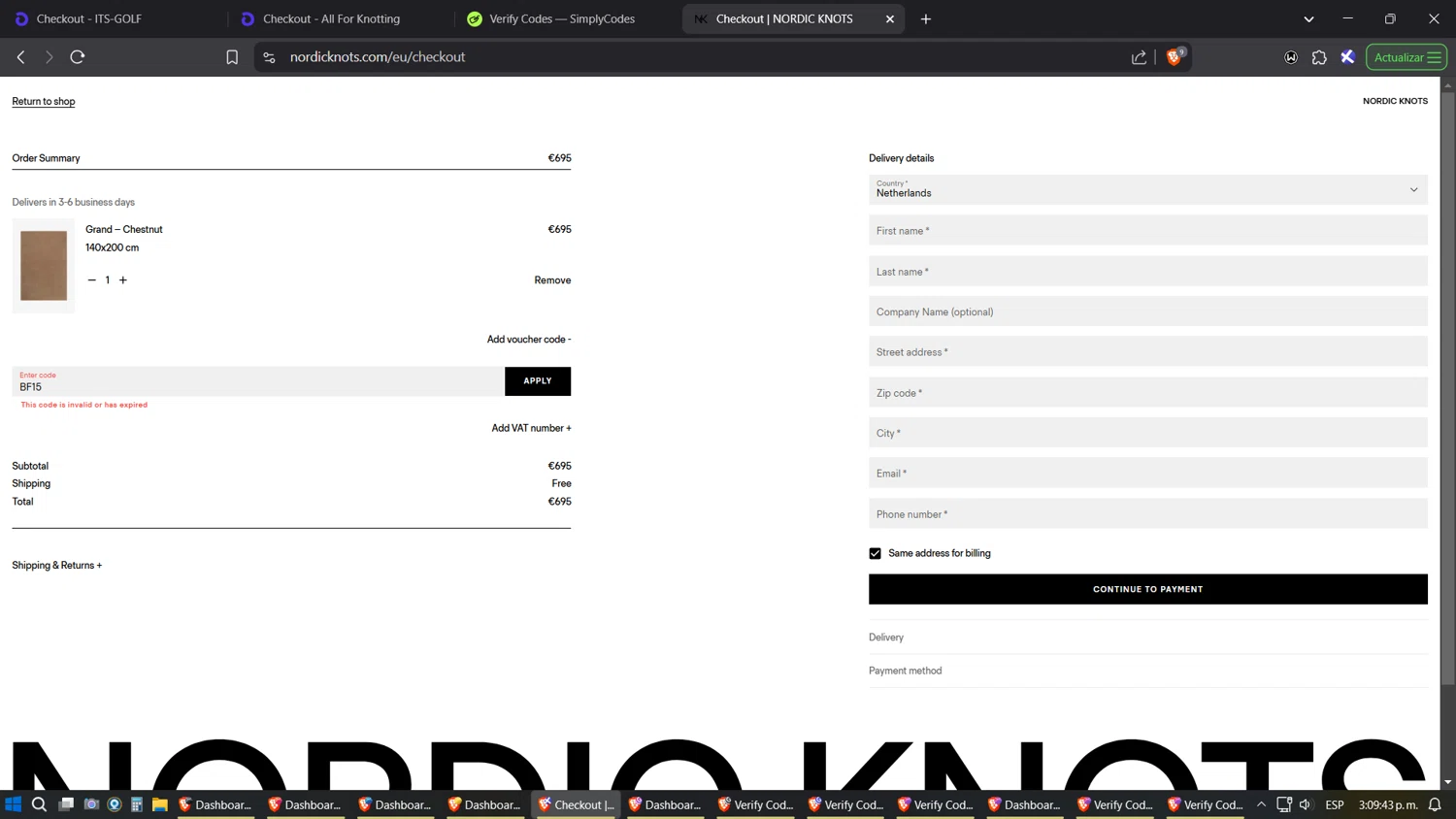 Nordic Knots discount code screenshot showing code BF15 applied at Nordic Knots checkout page. Uploaded by SimplyCodes community member SoulPower on Mar 23, 2025
