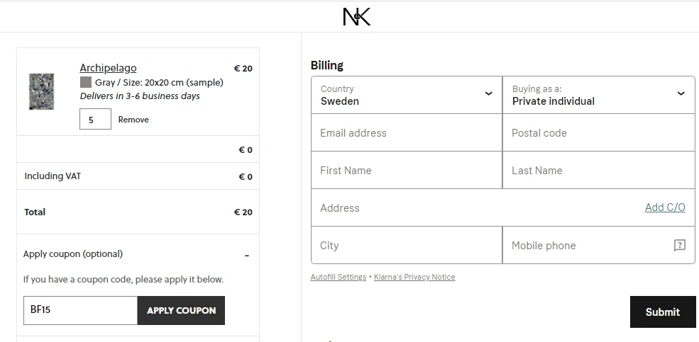 Nordic Knots checkout page showing Nordic Knots discount code box | Screenshot taken by SimplyCodes community member on Mar 15, 2021