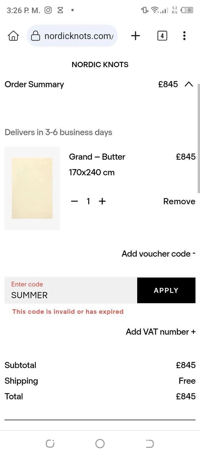 Nordic Knots discount code screenshot showing code SUMMER applied at Nordic Knots checkout page. Uploaded by SimplyCodes community member luissilva2 on Mar 5, 2025