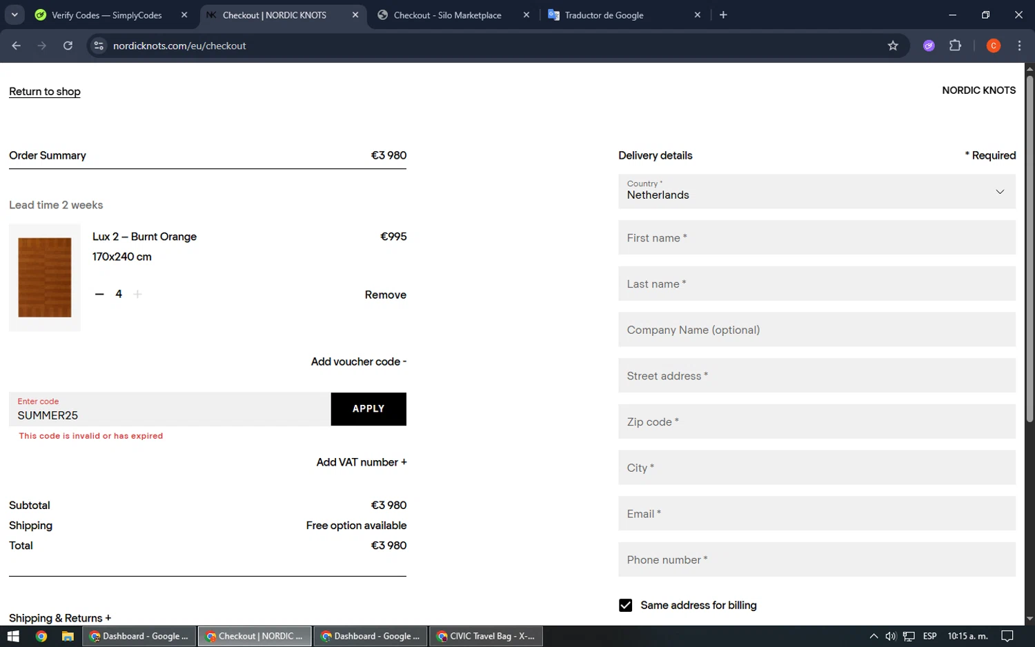Nordic Knots discount code screenshot showing code SUMMER25 applied at Nordic Knots checkout page. Uploaded by SimplyCodes community member RoyalHawk6408 on Jul 24, 2025