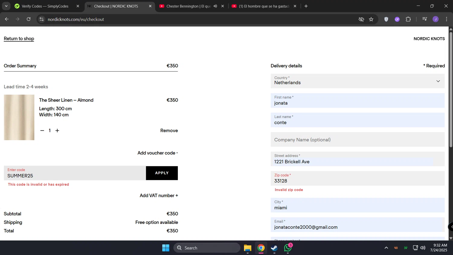 Nordic Knots discount code screenshot showing code SUMMER25 applied at Nordic Knots checkout page. Uploaded by SimplyCodes community member lunita on Jul 24, 2025