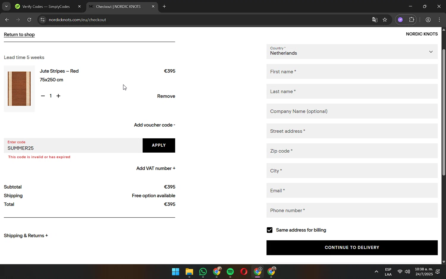 Nordic Knots discount code screenshot showing code SUMMER25 applied at Nordic Knots checkout page. Uploaded by SimplyCodes community member wednesday on Jul 24, 2025