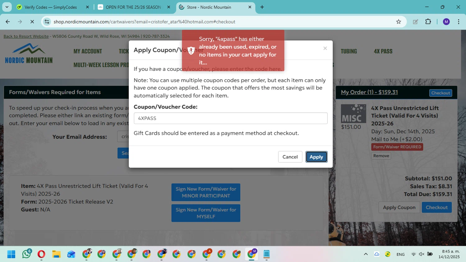 Nordic Mountain coupon code screenshot showing code 4XPASS applied at Nordic Mountain checkout page. Uploaded by SimplyCodes community member Fundolaroca on Dec 14, 2025