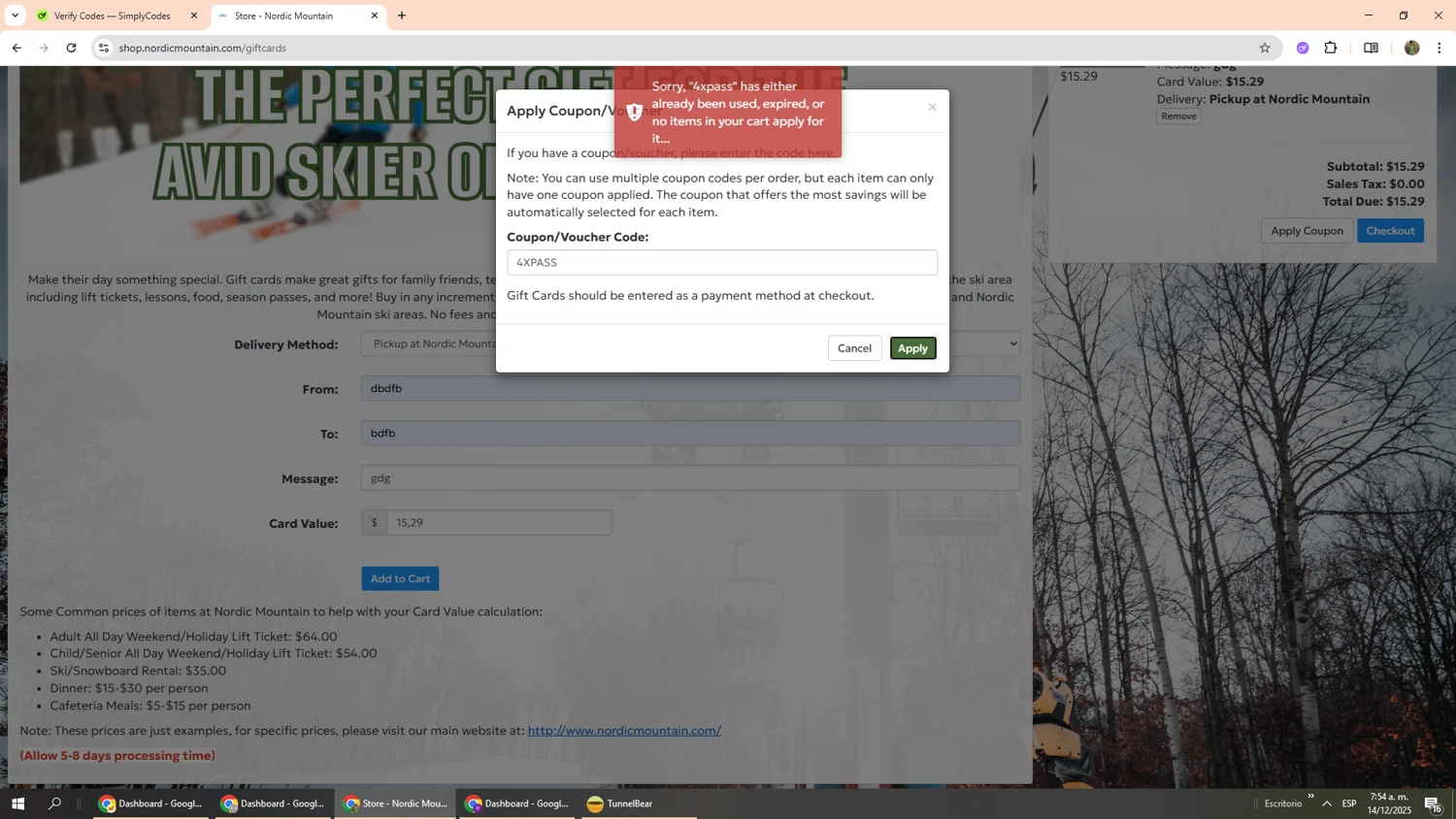 Nordic Mountain coupon code screenshot showing code 4XPASS applied at Nordic Mountain checkout page. Uploaded by SimplyCodes community member Phoenix585 on Dec 14, 2025