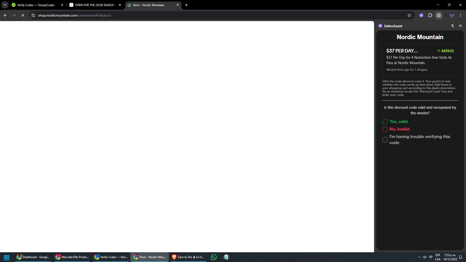 Nordic Mountain coupon code screenshot showing code 4XPASS applied at Nordic Mountain checkout page. Uploaded by SimplyCodes community member jesuscondez on Dec 14, 2025