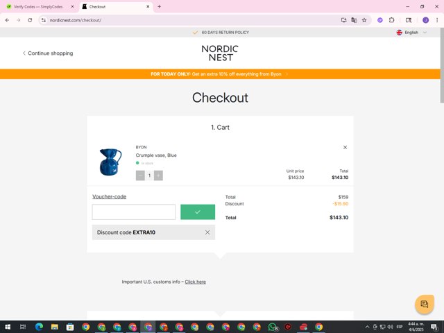 Nordic Nest checkout page showing Nordic Nest discount code box | Screenshot taken by SimplyCodes community member on Jun 4, 2025