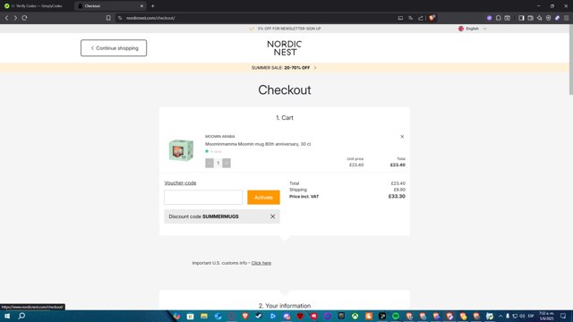 Nordic Nest checkout page showing Nordic Nest discount code box | Screenshot taken by SimplyCodes community member on Aug 5, 2025
