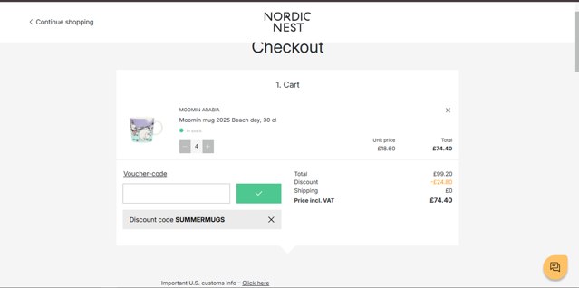 Nordic Nest checkout page showing Nordic Nest discount code box | Screenshot taken by SimplyCodes community member on Jul 15, 2025