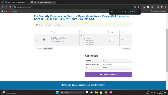 Nordic Pure Air Filters checkout page showing Nordic Pure Air Filters promo code box | Screenshot taken by SimplyCodes community member on Nov 3, 2023