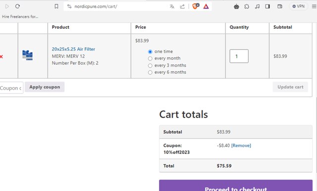 Nordic Pure Air Filters checkout page showing Nordic Pure Air Filters promo code box | Screenshot taken by SimplyCodes community member on Nov 3, 2023