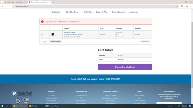 Nordic Pure Air Filters checkout page showing Nordic Pure Air Filters promo code box | Screenshot taken by SimplyCodes community member on Jul 29, 2024