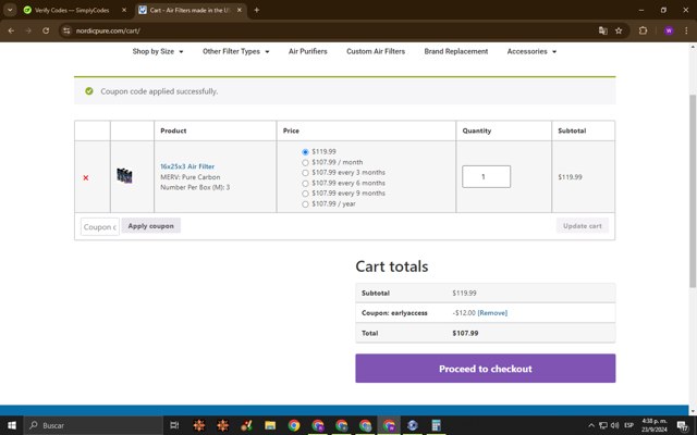 Nordic Pure Air Filters checkout page showing Nordic Pure Air Filters promo code box | Screenshot taken by SimplyCodes community member on Sep 23, 2024