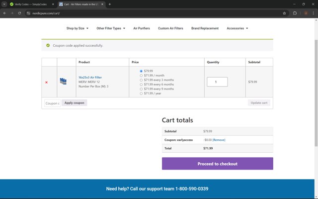 Nordic Pure Air Filters checkout page showing Nordic Pure Air Filters promo code box | Screenshot taken by SimplyCodes community member on Sep 23, 2024