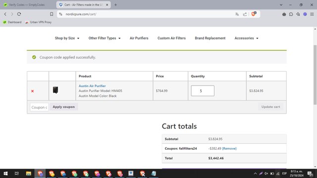 Nordic Pure Air Filters checkout page showing Nordic Pure Air Filters promo code box | Screenshot taken by SimplyCodes community member on Oct 25, 2024