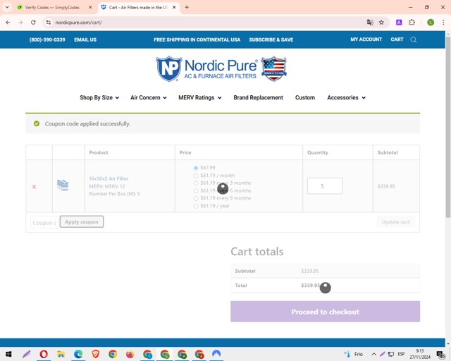 Nordic Pure Air Filters checkout page showing Nordic Pure Air Filters promo code box | Screenshot taken by SimplyCodes community member on Nov 27, 2024