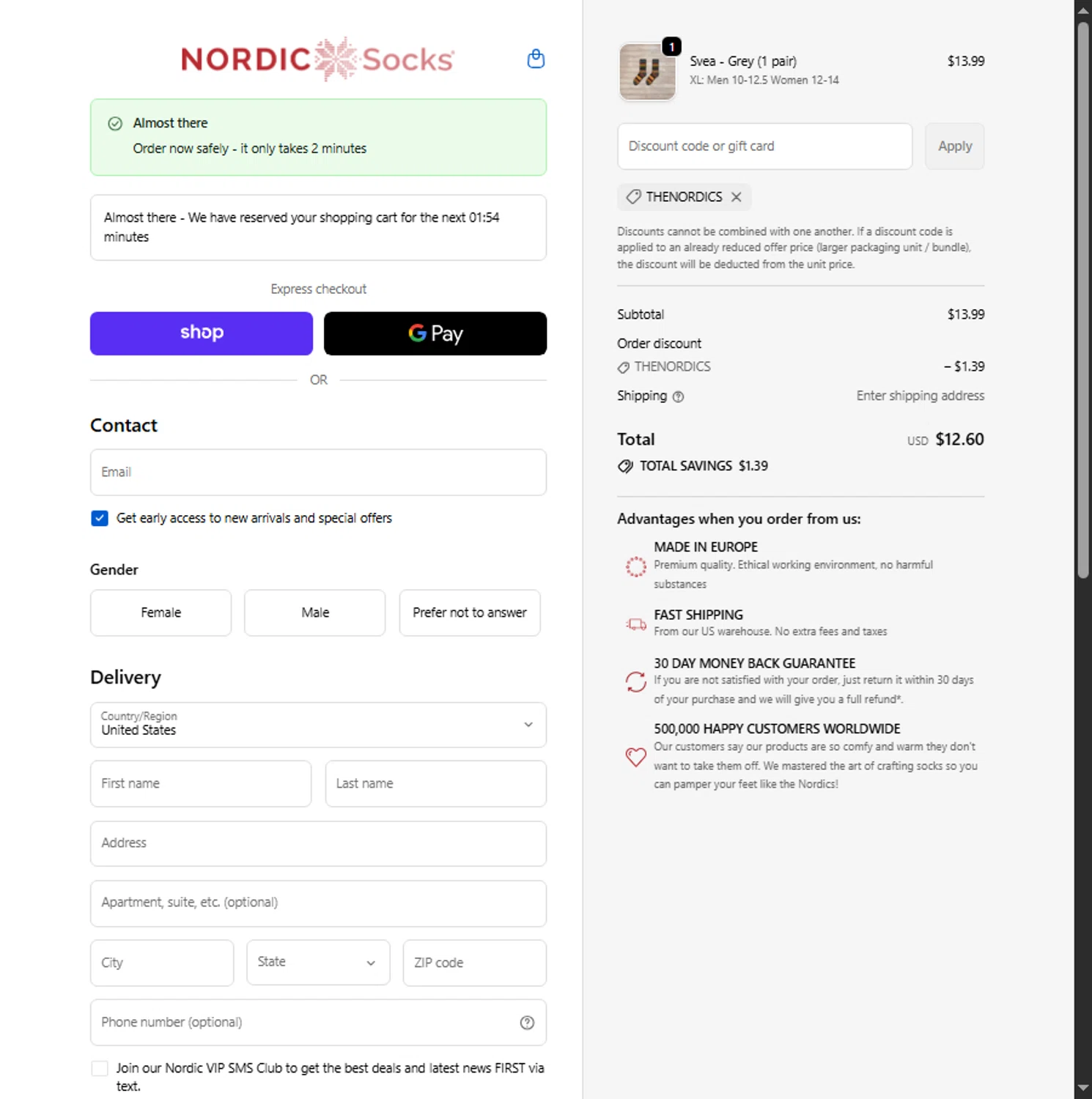 Nordic Socks US promo code screenshot showing code THENORDICS applied at Nordic Socks US checkout page. Uploaded by SimplyCodes community member Alejandra10 on Sep 21, 2025
