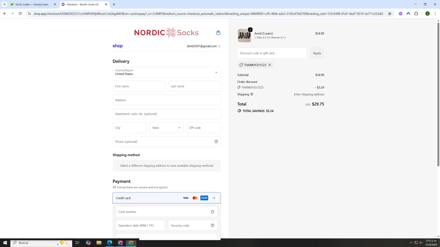 Nordic Socks US promo code screenshot showing code Thankyou1523 applied at Nordic Socks US checkout page. Uploaded by SimplyCodes community member AnthonyGTX on Sep 21, 2025