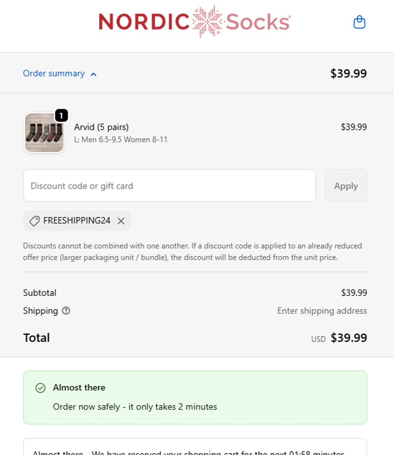 Nordic Socks US promo code screenshot showing code FREESHIPPING24 applied at Nordic Socks US checkout page. Uploaded by SimplyCodes community member Kuromi on Oct 23, 2025