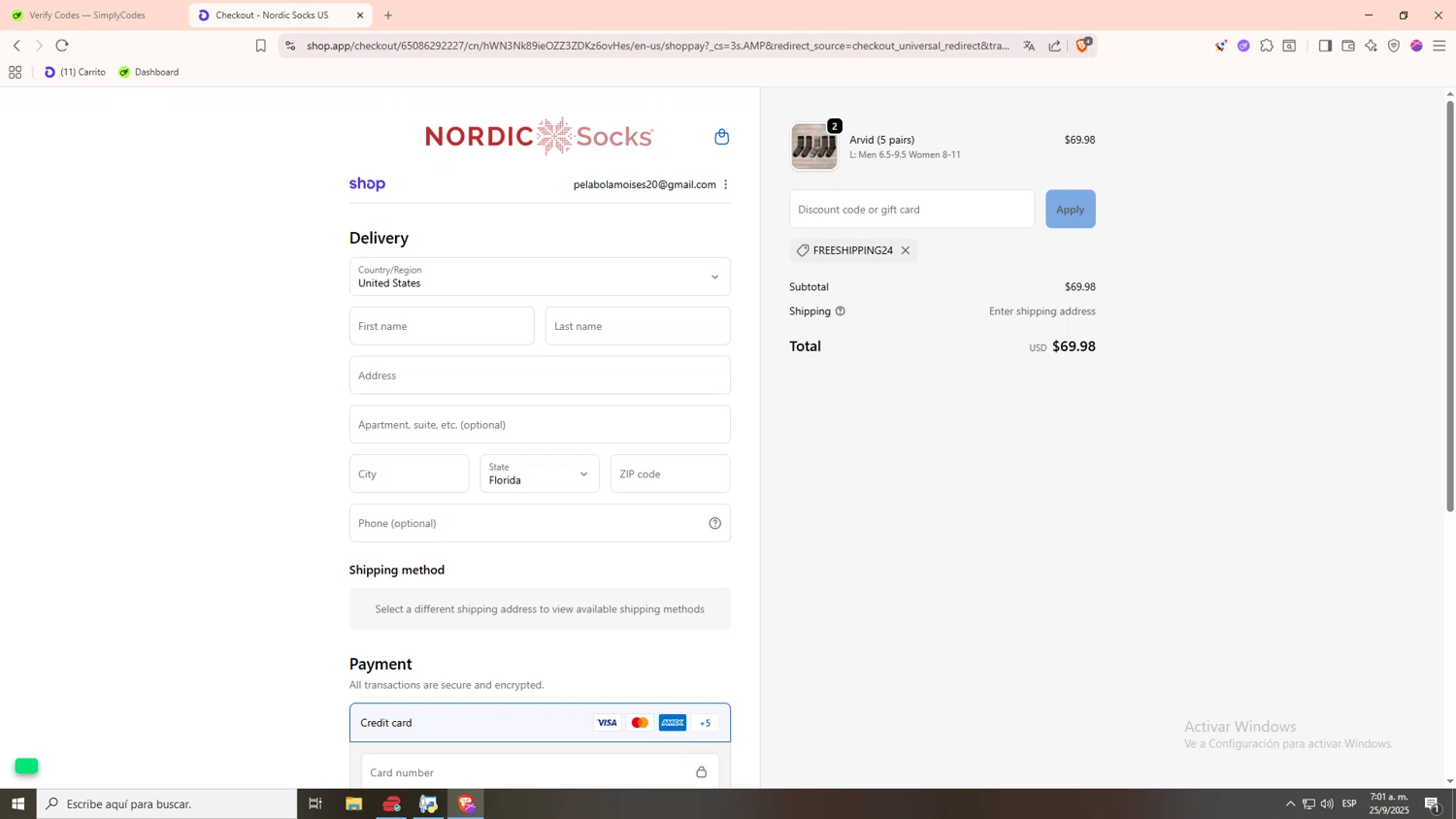 Nordic Socks US promo code screenshot showing code FREESHIPPING24 applied at Nordic Socks US checkout page. Uploaded by SimplyCodes community member 12312121212 on Sep 25, 2025