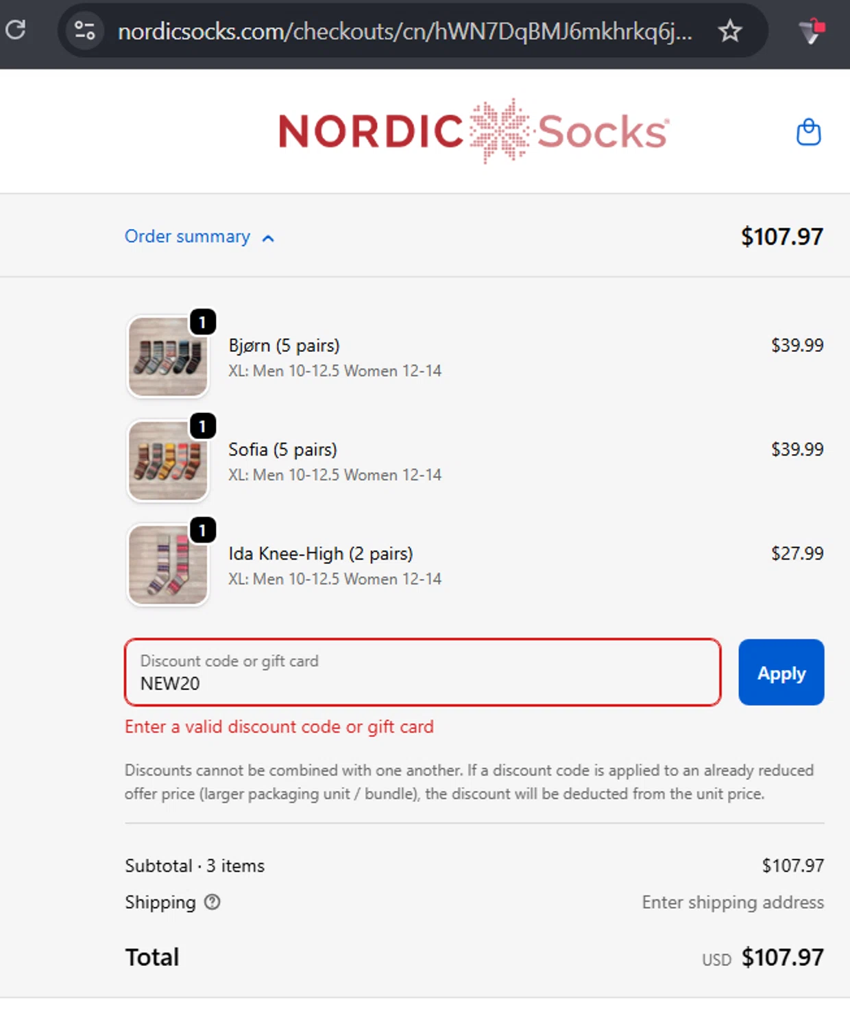 Nordic Socks US promo code screenshot showing code NEW20 applied at Nordic Socks US checkout page. Uploaded by SimplyCodes community member RafaLB on Jan 4, 2026
