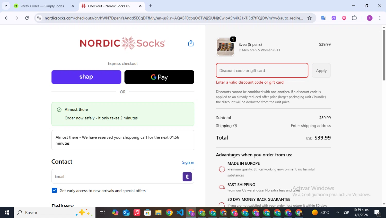 Nordic Socks US promo code screenshot showing code NEW20 applied at Nordic Socks US checkout page. Uploaded by SimplyCodes community member WonderPioneer5062 on Jan 4, 2026