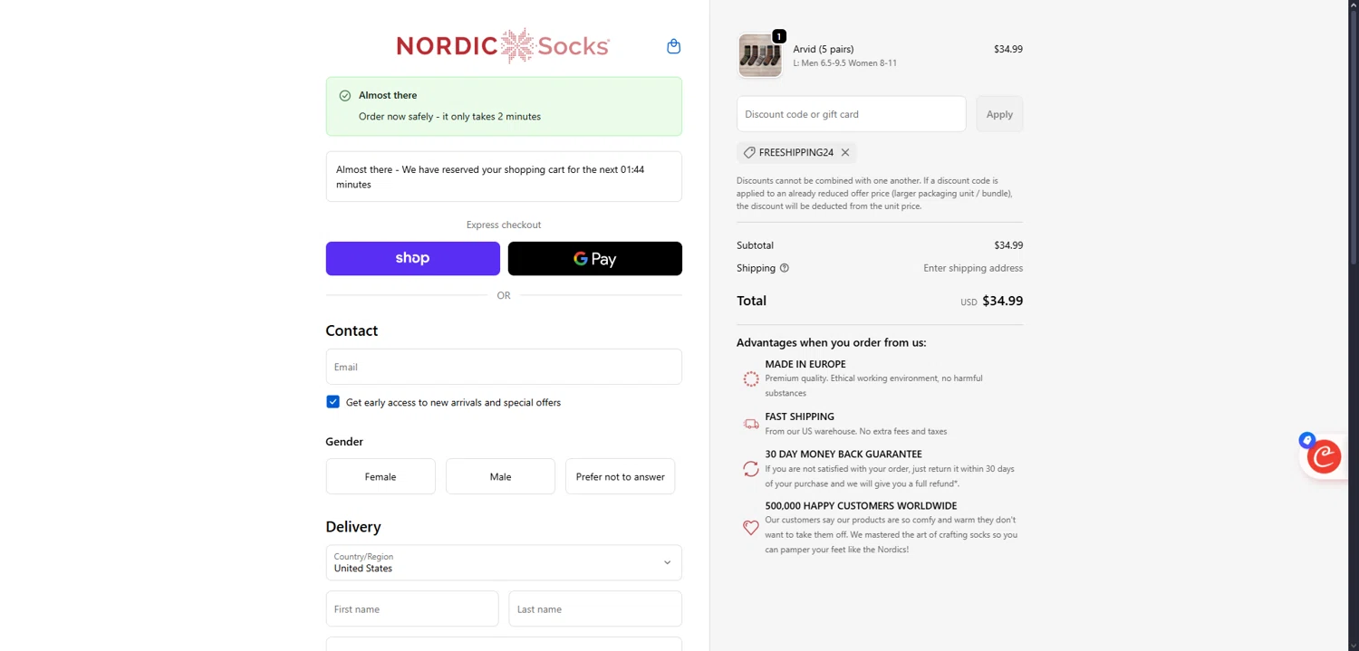 Nordic Socks US promo code screenshot showing code FREESHIPPING24 applied at Nordic Socks US checkout page. Uploaded by SimplyCodes community member Dorothy on Sep 25, 2025