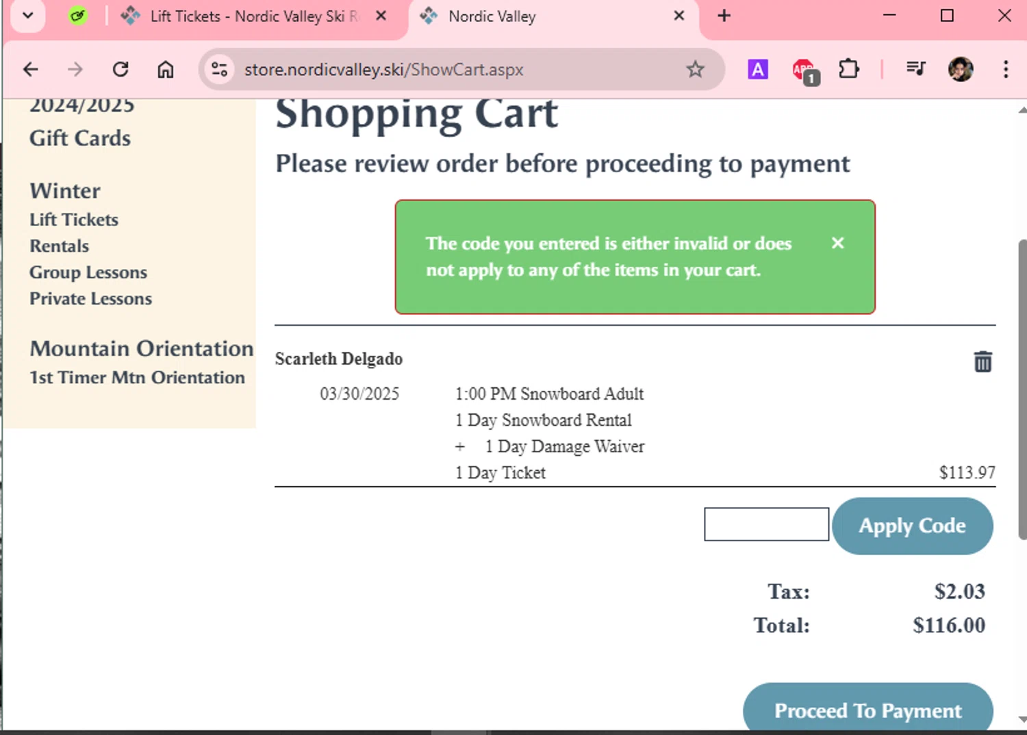 Nordic Valley Ski Resort promo code screenshot showing code FLASH25 applied at Nordic Valley Ski Resort checkout page. Uploaded by SimplyCodes community member Scarleth_2GGD on Mar 15, 2025