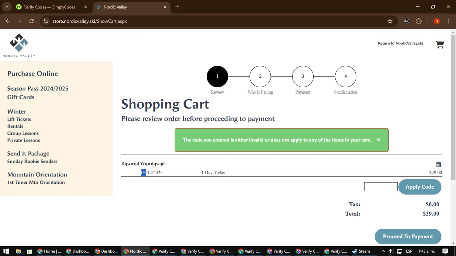 Nordic Valley Ski Resort promo code screenshot showing code FLASH25 applied at Nordic Valley Ski Resort checkout page. Uploaded by SimplyCodes community member MagnificentScout194 on Mar 6, 2025
