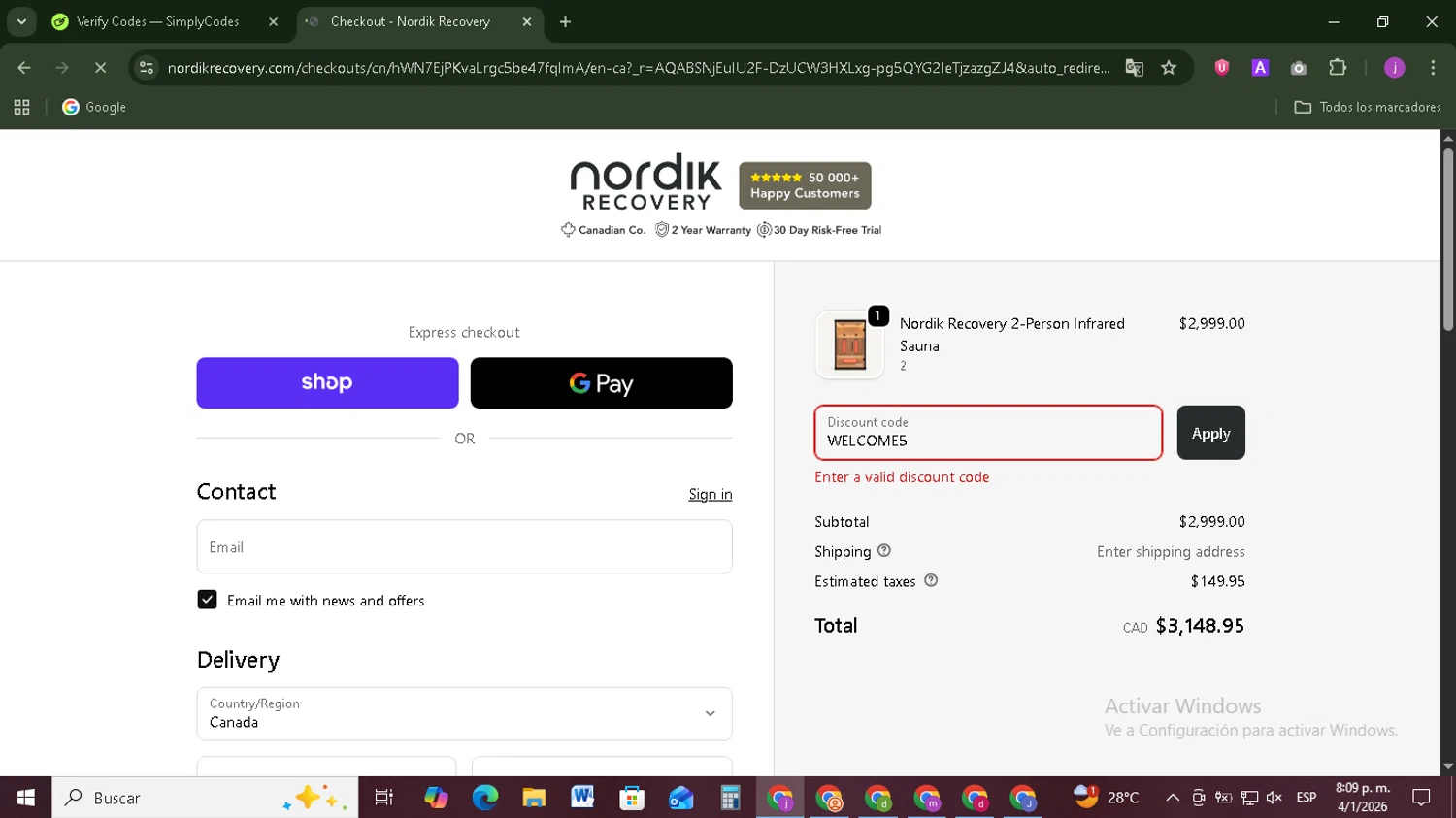Nordik Recovery promo code screenshot showing code WELCOME5 applied at Nordik Recovery checkout page. Uploaded by SimplyCodes community member Tazbravo on Jan 5, 2026