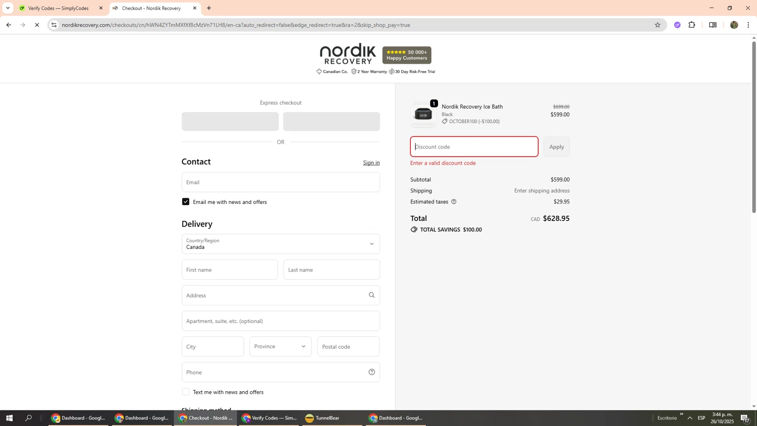 Nordik Recovery discount code screenshot showing code SUMMER100 applied at Nordik Recovery checkout page. Uploaded by SimplyCodes community member Phoenix585 on Oct 26, 2025