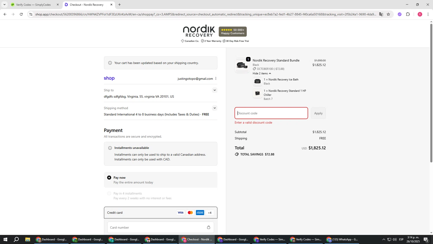Nordik Recovery discount code screenshot showing code SUMMER100 applied at Nordik Recovery checkout page. Uploaded by SimplyCodes community member TTTT55 on Oct 26, 2025