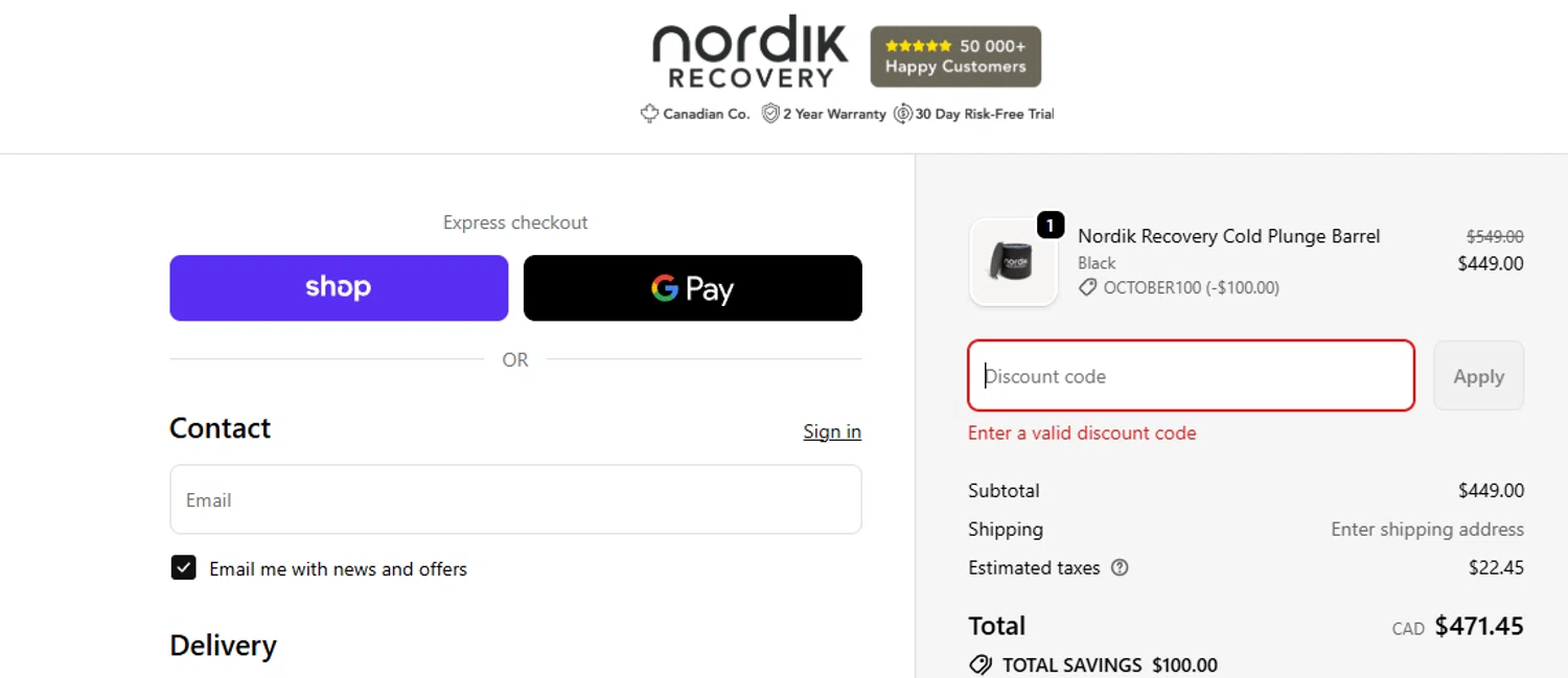 Nordik Recovery discount code screenshot showing code SUMMER100 applied at Nordik Recovery checkout page. Uploaded by SimplyCodes community member Quemiras on Oct 26, 2025