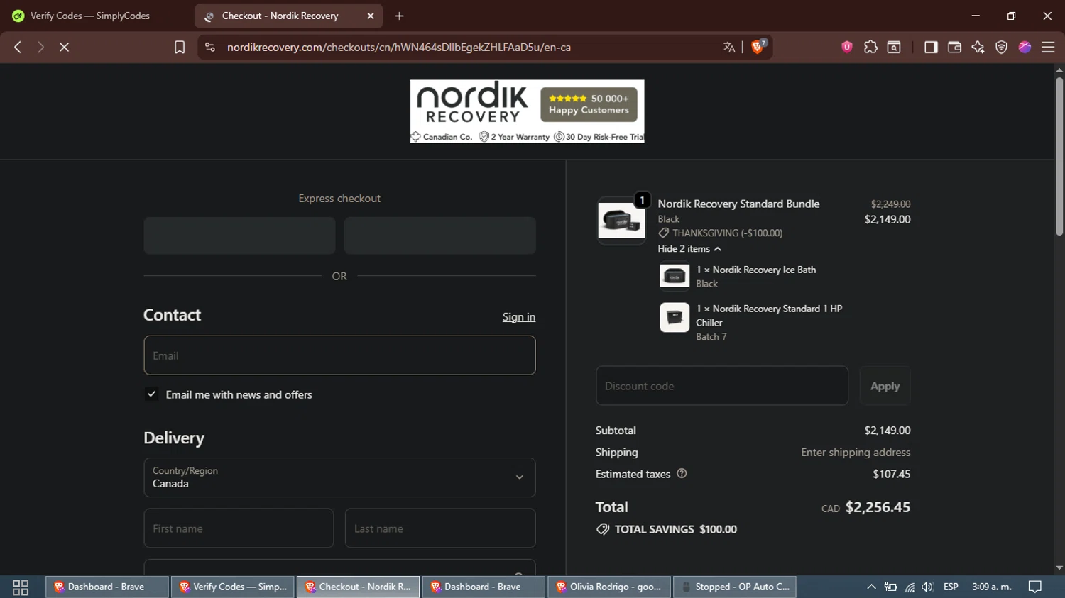 Nordik Recovery checkout page showing Nordik Recovery discount code box | Screenshot taken by SimplyCodes community member on Oct 14, 2025