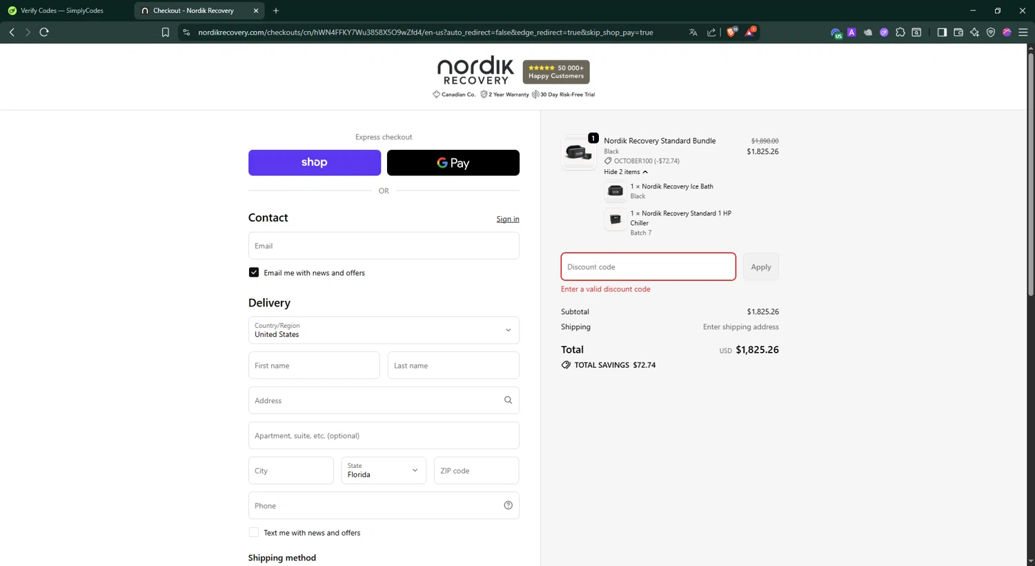 Nordik Recovery discount code screenshot showing code THANKSGIVING applied at Nordik Recovery checkout page. Uploaded by SimplyCodes community member BonusShopper4099 on Oct 18, 2025