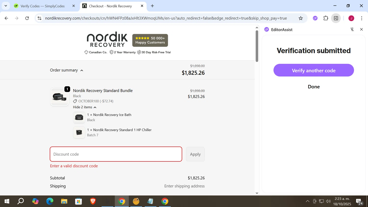 Nordik Recovery discount code screenshot showing code THANKSGIVING applied at Nordik Recovery checkout page. Uploaded by SimplyCodes community member vergil_lains on Oct 18, 2025