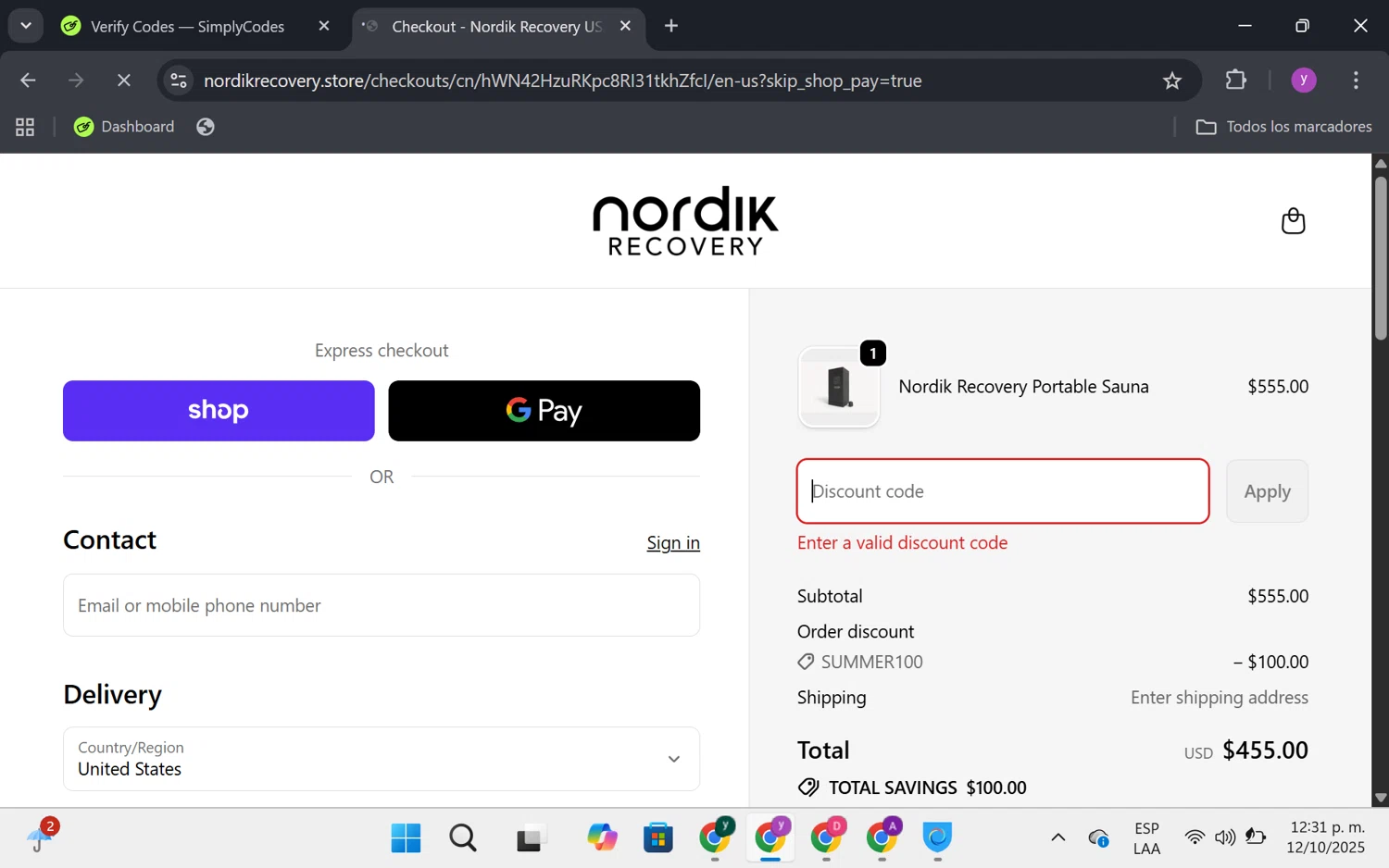 Nordik Recovery discount code screenshot showing code THANKS applied at Nordik Recovery checkout page. Uploaded by SimplyCodes community member FrugalKnight6753 on Oct 12, 2025