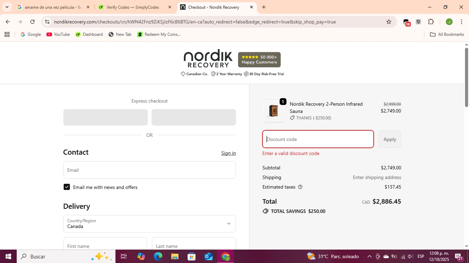 Nordik Recovery discount code screenshot showing code THANKS applied at Nordik Recovery checkout page. Uploaded by SimplyCodes community member Sukuna_ on Oct 12, 2025