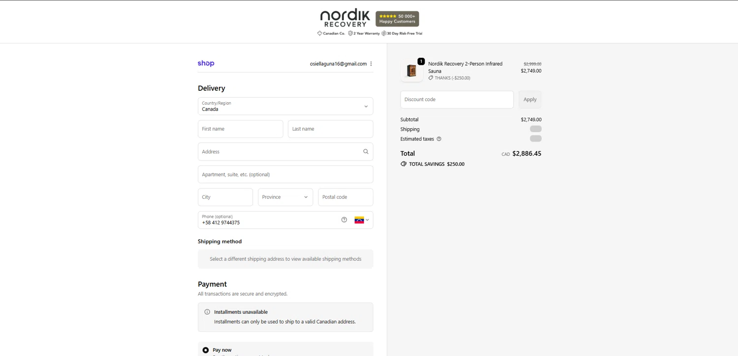 Nordik Recovery checkout page showing Nordik Recovery discount code box | Screenshot taken by SimplyCodes community member on Oct 12, 2025