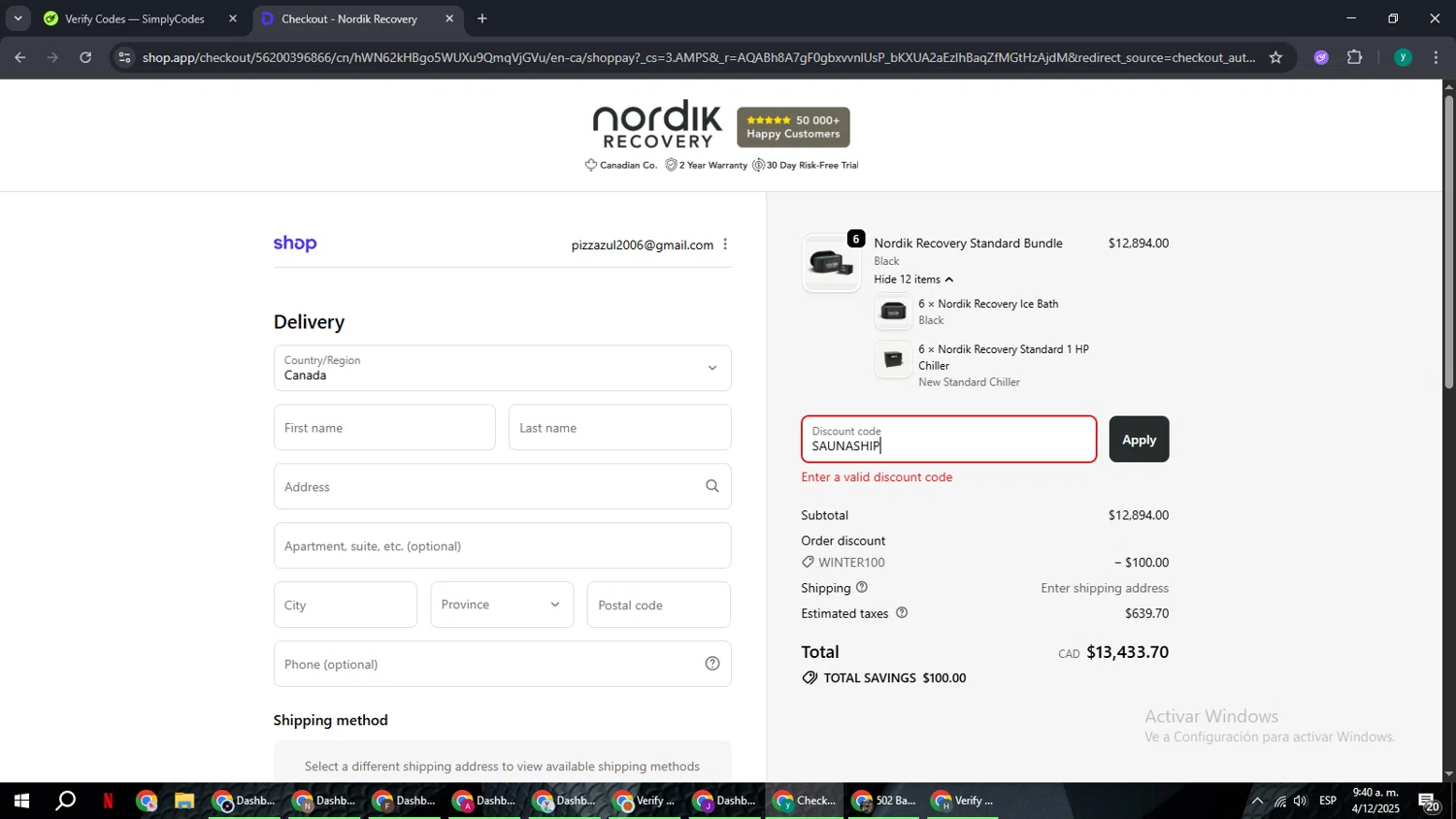 Nordik Recovery discount code screenshot showing code SAUNASHIP applied at Nordik Recovery checkout page. Uploaded by SimplyCodes community member FrugalCaptain6906 on Dec 4, 2025