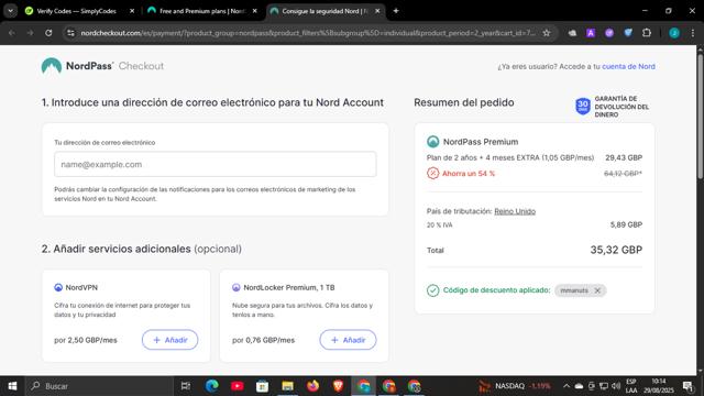 NordPass checkout page showing NordPass coupon code box | Screenshot taken by SimplyCodes community member on Aug 29, 2025