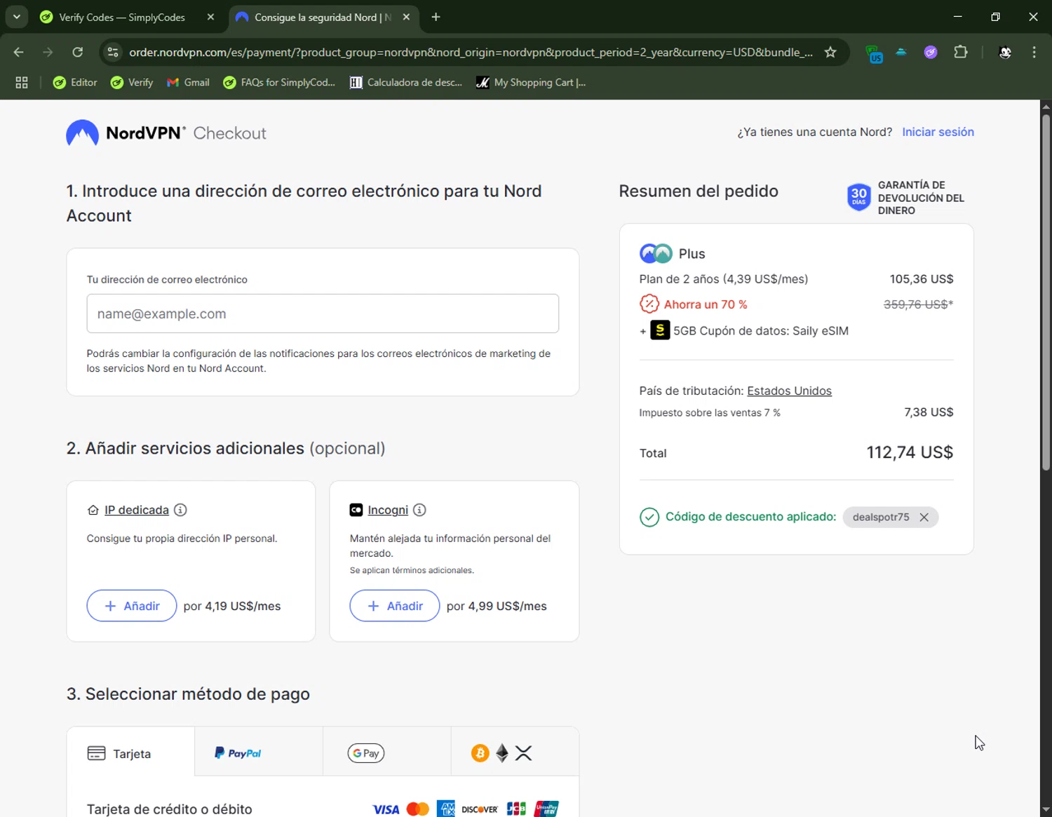 NordVPN discount code screenshot showing code DEALSPOTR75 applied at NordVPN checkout page. Uploaded by SimplyCodes community member FelixelGato on Jun 5, 2025