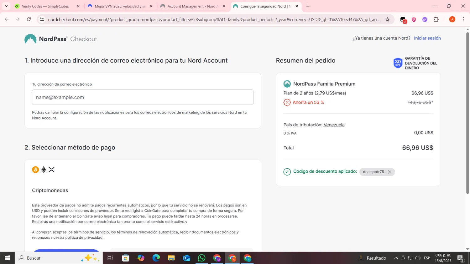 NordVPN discount code screenshot showing code DEALSPOTR75 applied at NordVPN checkout page. Uploaded by SimplyCodes community member FrugalSentinel6206 on Aug 16, 2025