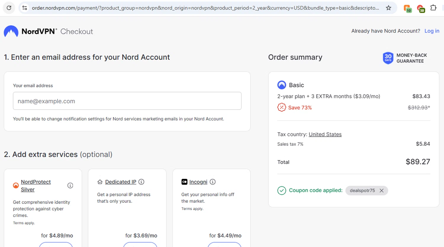 NordVPN discount code screenshot showing code DEALSPOTR75 applied at NordVPN checkout page. Uploaded by SimplyCodes community member GloriousCollector9521 on Aug 25, 2025