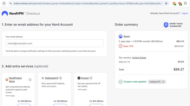 NordVPN checkout page showing NordVPN discount code box | Screenshot taken by SimplyCodes community member on Aug 25, 2025