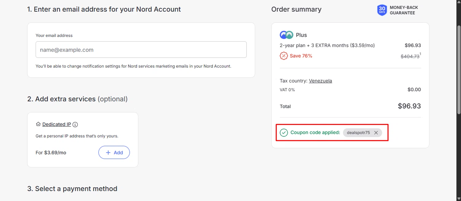 NordVPN promo code screenshot showing code DEALSPOTR75 applied at NordVPN checkout page. Uploaded by SimplyCodes community member obert0264_b14f on Feb 28, 2026