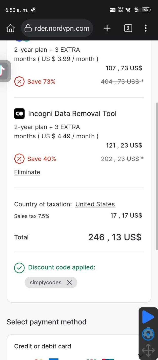 NordVPN checkout page showing NordVPN discount code box | Screenshot taken by SimplyCodes community member on Aug 16, 2025
